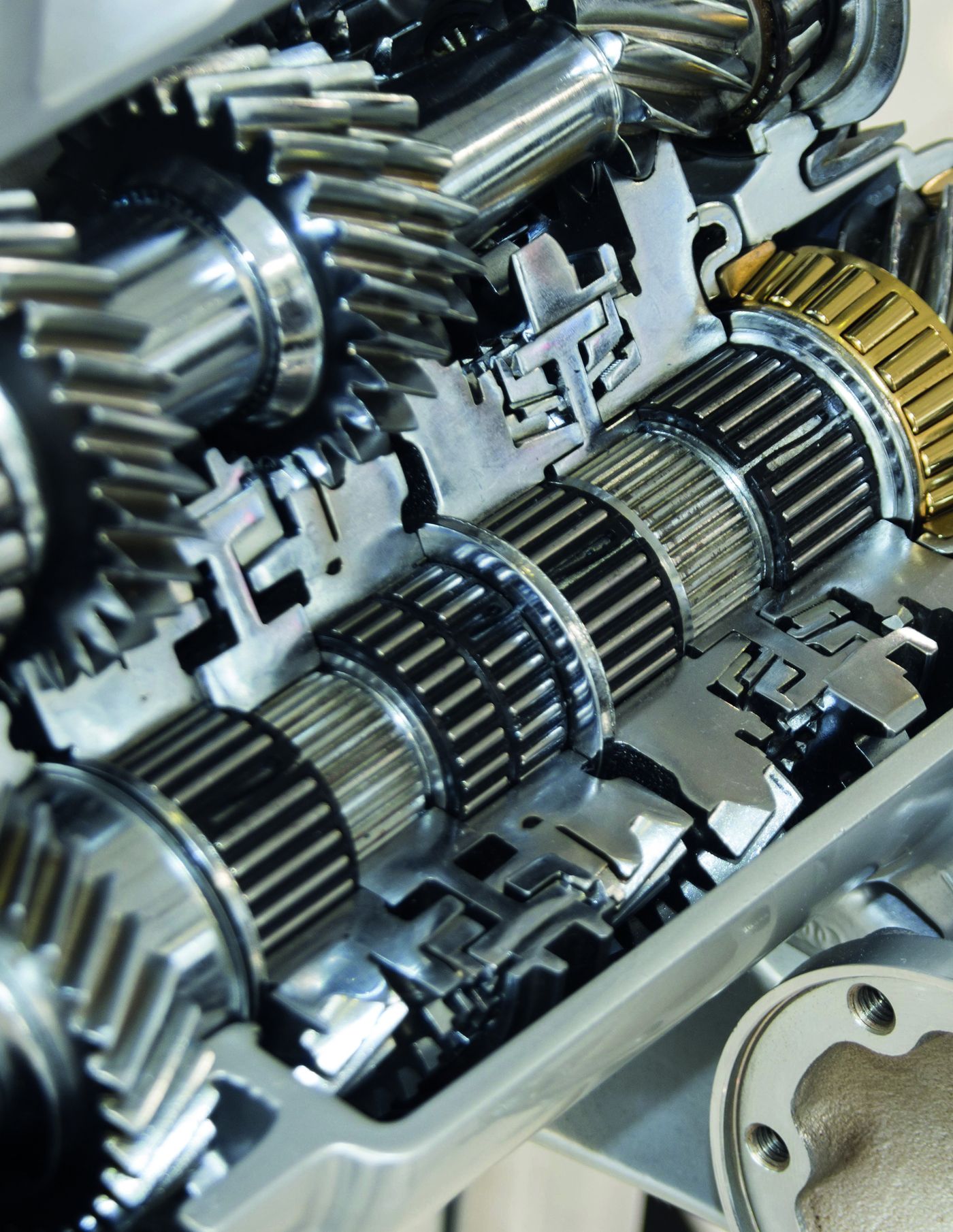 Close view of precision gears inside a transmission